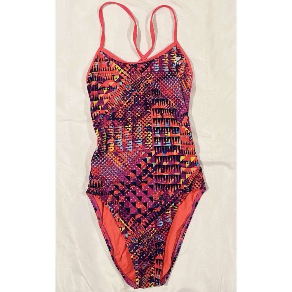 TYR Durafast One Piece Swimsuit Womens SIZE 32 Red Black Geometric Tie Back SWIM